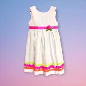Girls Sundress White Neon Ribbon ruffled Cotton Dress Spring Summer 6x Light
